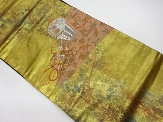 リサイクル　引箔仕覆に花々模様織出し名古屋帯